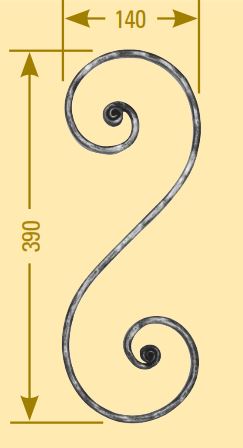Meisterbarock S-Schnörkel 16x8mm; gehämmert; Höhe 390mm; Breite 140mm; links
