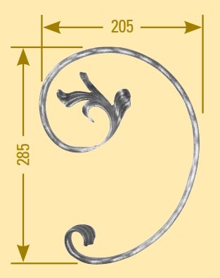 Meisterbarock C-Schnörkel 16x8mm; gehämmert; mit Blatt; Höhe 285mm; Breite 205mm; links