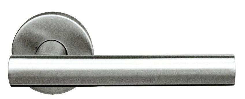 Türdrücker Paar mit Drückerrosette "L-lang" aus Edelstahl 1.4301, inkl. 8 mm Drückerstift