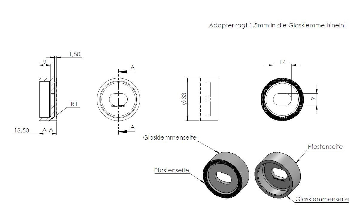 Sichtschutzklemme Modell 26 (Endklemme), Glas einseitig, flacher Anschluss, für Glasstärke 1,5 - 12,76mm
