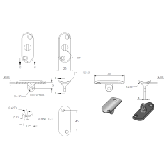 Handlaufstütze mit Gelenk für 40 x 40 x 3,0mm Pfosten, mit Halteplatte für ø 42,4mm Handlauf