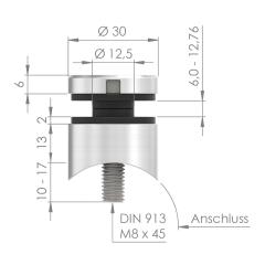 Glas-Punkthalter ø 30mm für Glas 6,0-12,76mm, Anschluss ø 33,7mm