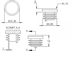 Kunststoff Einsteckkappe für Rundrohr ø 21,3mm mit Wandstärke 1-2,5mm