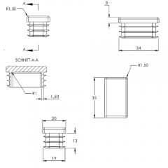 Kunststoff Einsteckkappe für Rechteckrohre 35 x 20mm mit Wandstärke 1,5-2mm