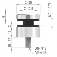 Glas-Punkthalter ø 30mm für Glas 6,0-12,76mm, flacher Anschluss, Zinkdruckguss roh